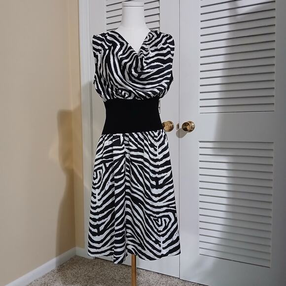 Calvin Klein Med Sleeveless V-Cowl Neck Zebra Black/White Print Dress Easy Care - Picture 6 of 12